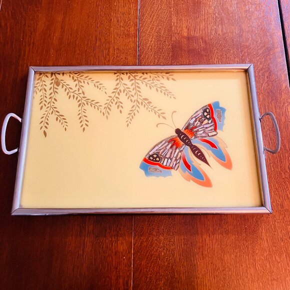 1940's Reverse Glass Painted Butterfly Tray - Double Handled - - Picture 1 of 11